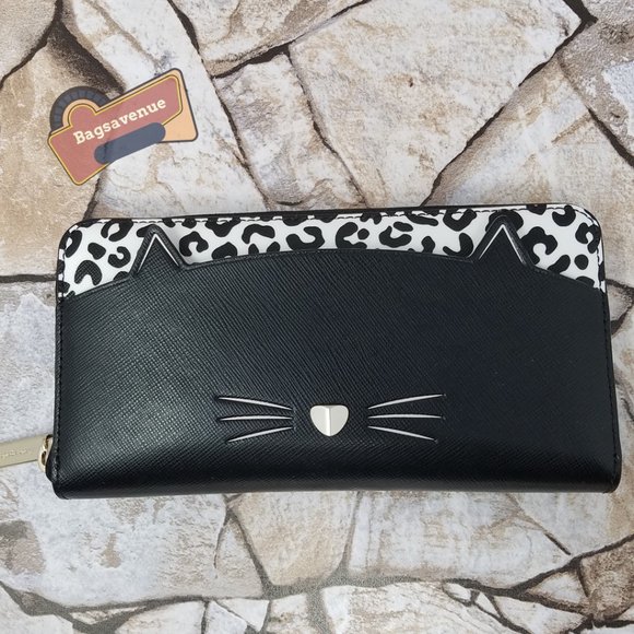 MEOW CAT LARGE CONTINENTAL WALLET WLR00593 NWT $239 BLACK WHITE KATE SPADE - Picture 2 of 6